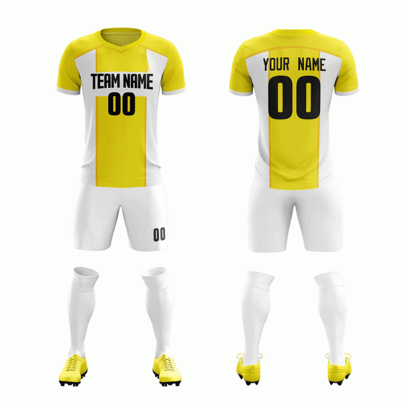 "This customizable yellow and white soccer kit features a bold design with 'TEAM NAME' on the front and 'YOUR NAME' on the back. With the number '00' displayed prominently, this kit is perfect for team unity and personal style!"