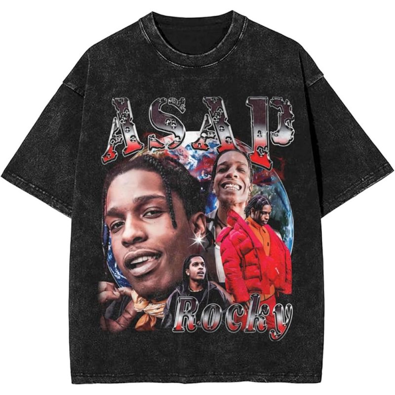 "Turn heads with this dynamic A$AP Rocky graphic tee, designed for fans who appreciate style and music. Featuring multiple iconic images of the rapper in a vibrant collage, this shirt captures his bold fashion and electric energy. The distressed black wash adds a touch of vintage appeal, while the oversized fit ensures a comfortable, relaxed vibe. Perfect for pairing with casual jeans or shorts, this A$AP Rocky tee is a statement piece that brings together street culture and music in one effortless look. Show off your love for A$AP Rocky in style!"
