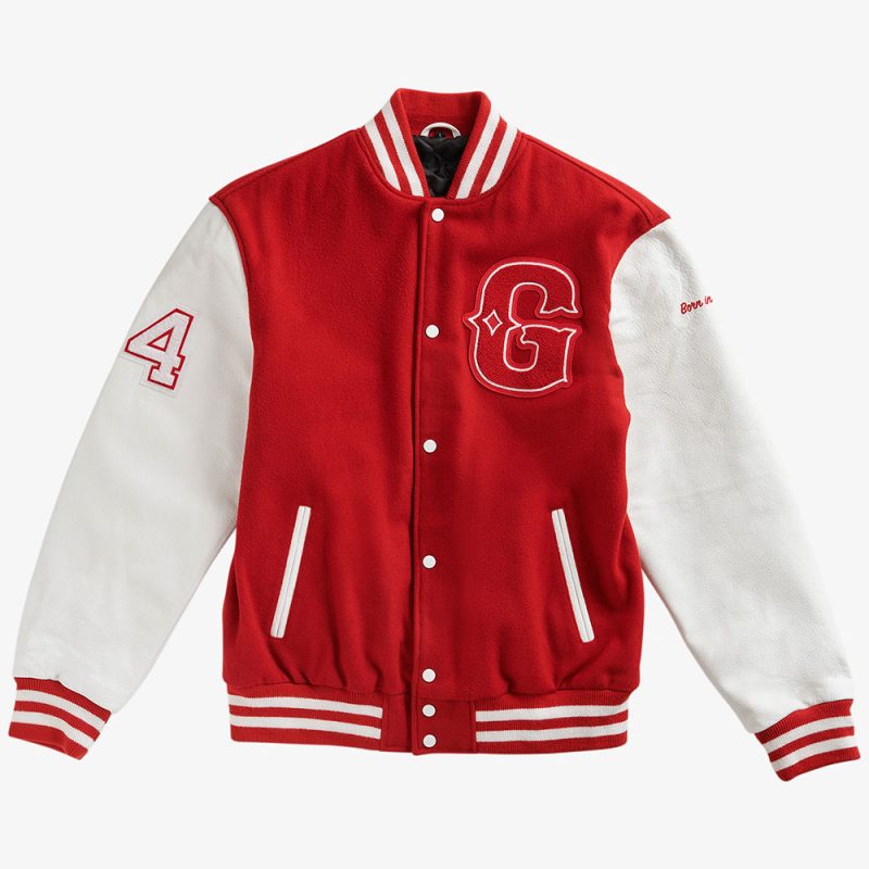 "Red varsity jacket with white leather sleeves, featuring a large 'G' logo on the chest and the number '4' on the sleeve. The jacket includes striped ribbed cuffs and waistband, and a 'Born in' inscription on the sleeve."